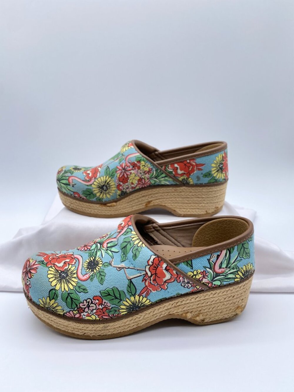 Dansko Jute Pro Flamingo Tropical Blue Canvas Clogs EU 37 - Picture 5 of 10
